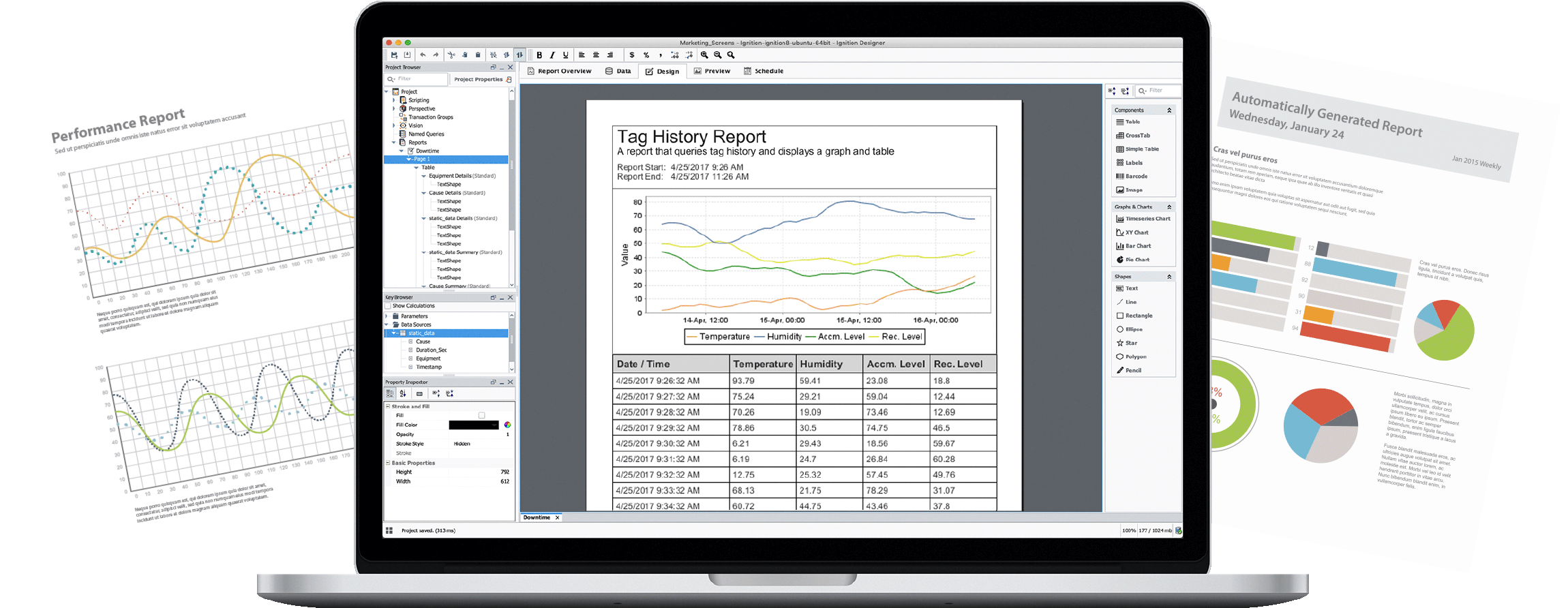 Screens displaying examples of industrial reporting